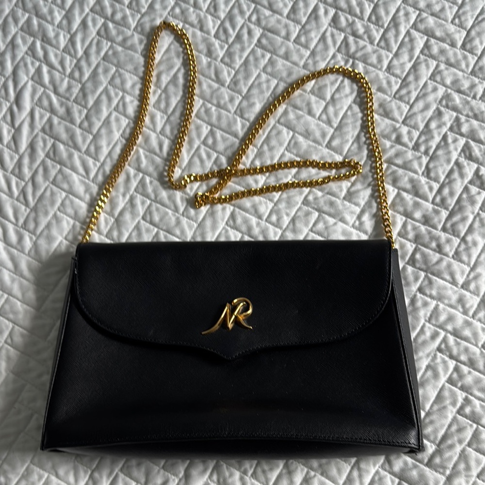 Nina Ricci baguette Black and Gold Clutch with Detachable Chain shoulder bag